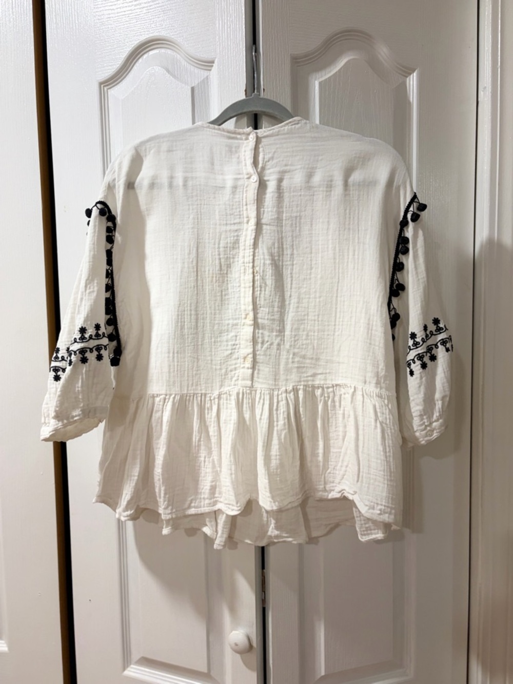 Zara Trafaluc Boho Embroidered Blouse | Pom Trim Peplum Top | Size L - Picture 6 of 7